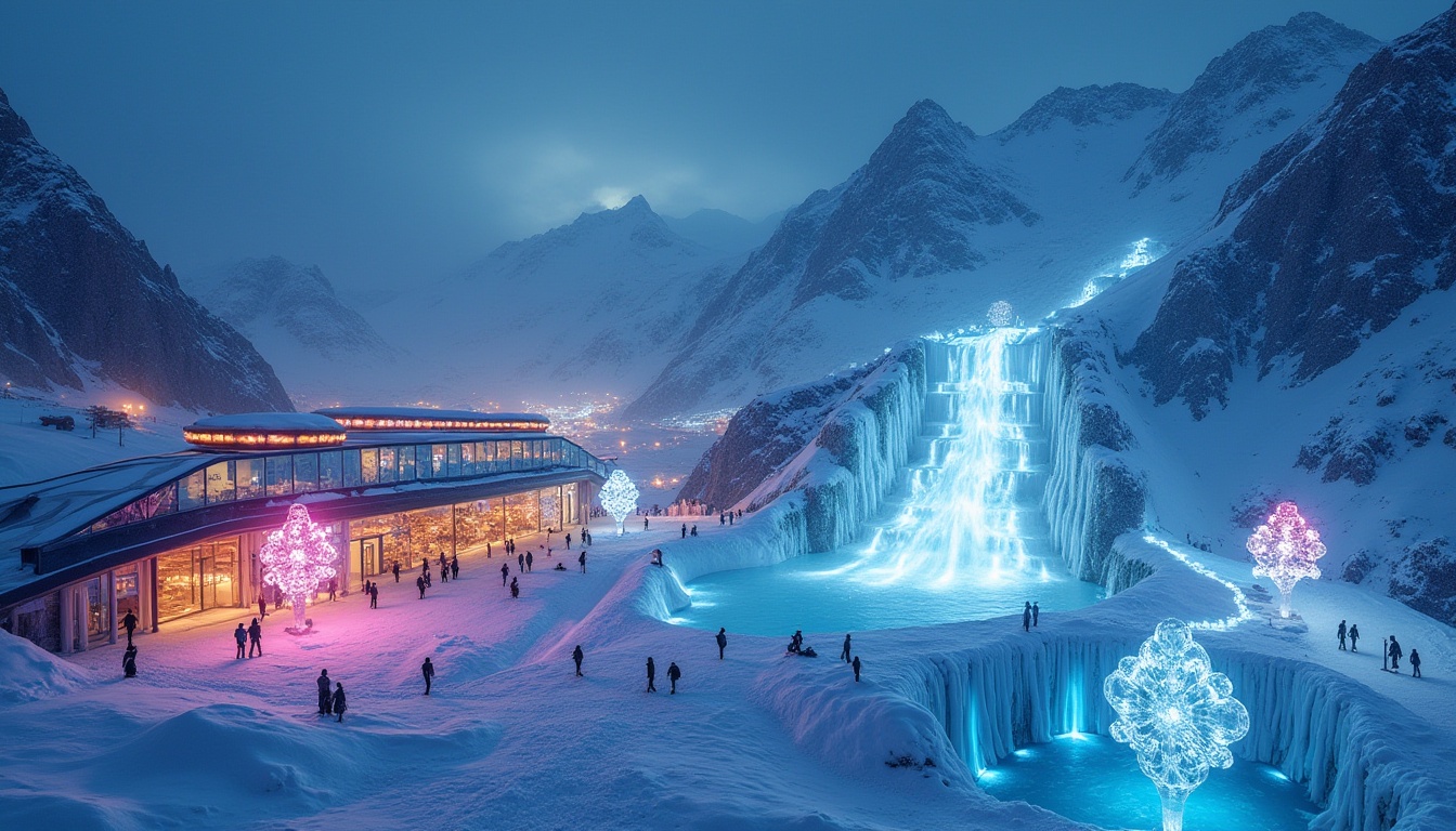 Prompt: Expressionism style, futuristic ski center, snow-capped mountains, bold geometric shapes, vibrant neon lights, glowing ice sculptures, frozen waterfall backdrop, sleek metallic surfaces, angular glass facades, dynamic curved lines, abstract patterns, 3D projection mapping, misty atmosphere, night scene, cinematic composition, low-angle shot, dramatic shadows, high-contrast lighting.