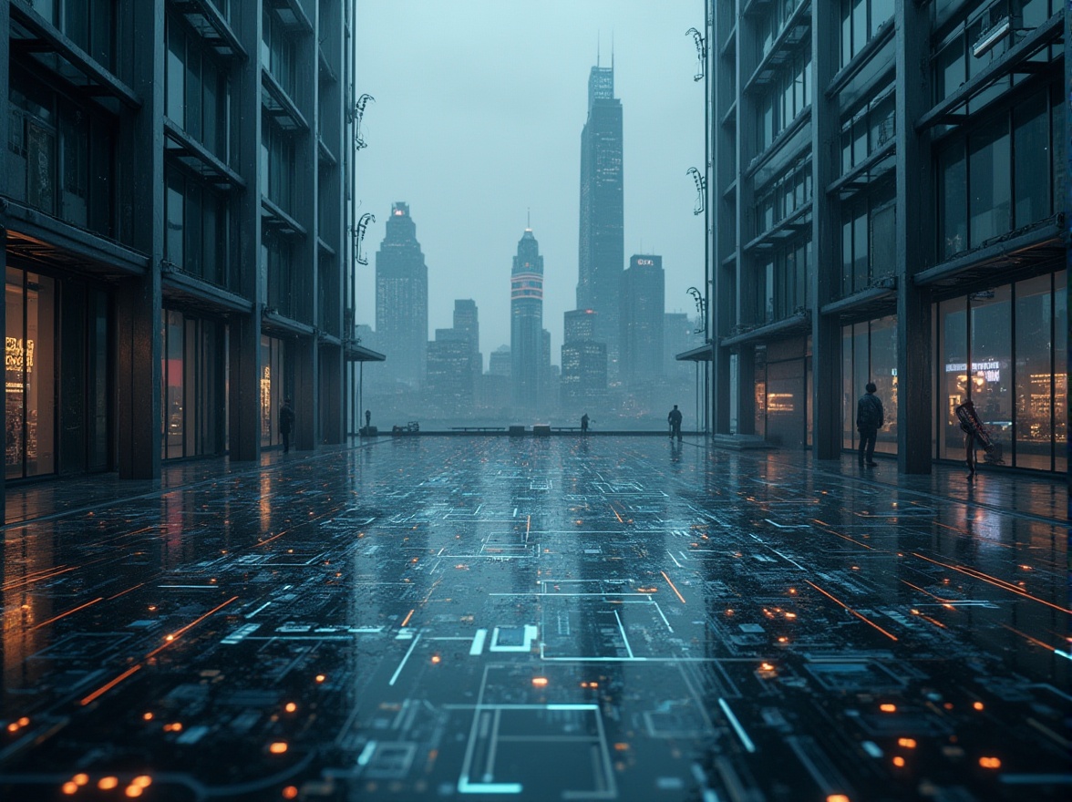 Prompt: High-tech futuristic scene, gray color palette, metallic sheen, neon lights, cityscape, skyscraper, urban landscape, rainy night, reflective glass windows, steel beams, complex circuitry patterns, holographic display, robotic arm, LED lights, motherboard, computer chips, wires, sleek lines, minimalist design, modern architecture, abstract composition, low-key lighting, cinematic mood, HDR effect.