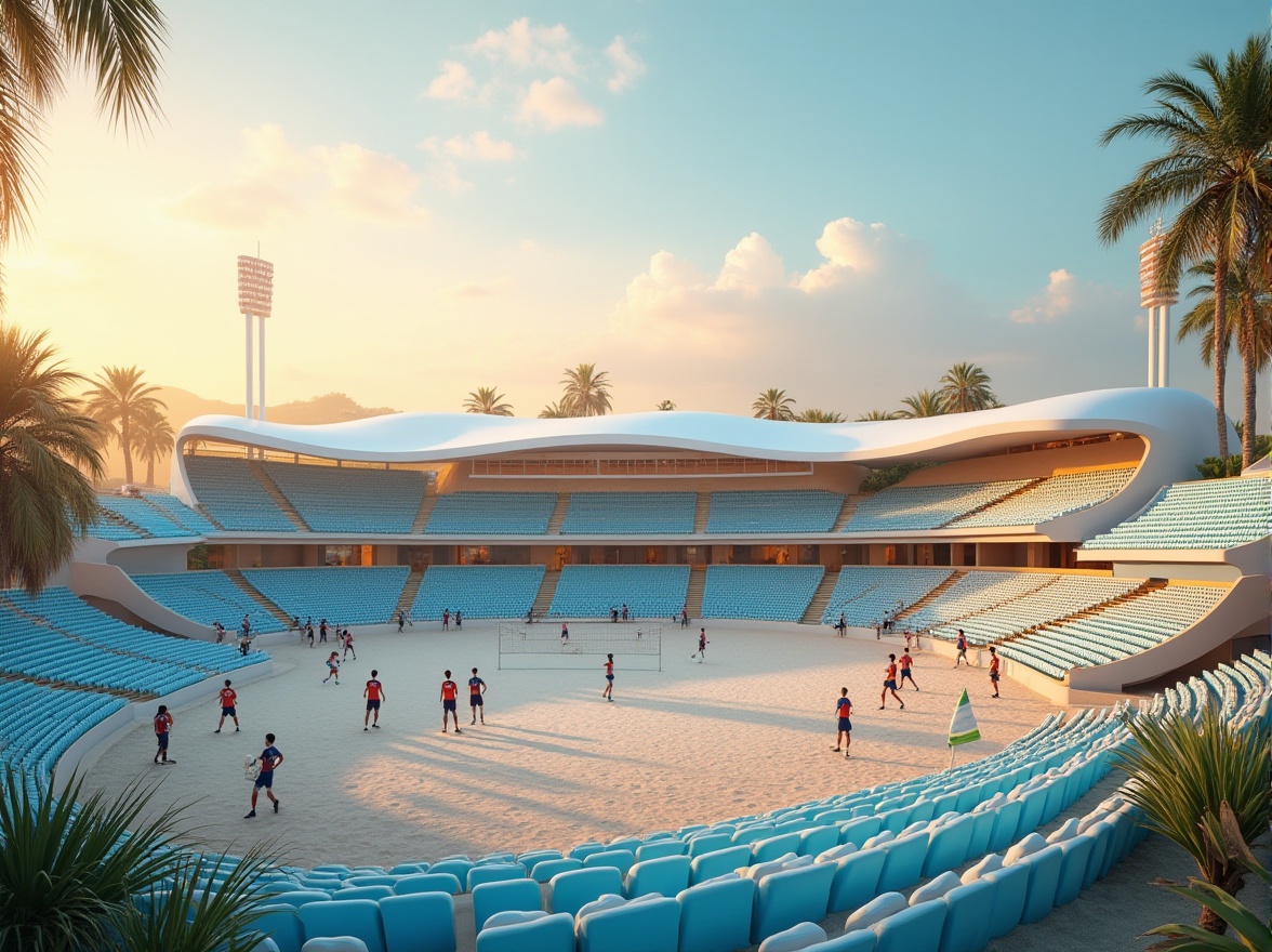 Prompt: Seaside-inspired stadium, modern architecture, white domed roof, ocean-blue seats, wave-shaped stands, sandy beach-themed exterior, palm trees surrounding, tropical plants, sunset background, warm ambient lighting, 3/4 composition, soft focus on the stadium's curves, vibrant colorful uniforms of players, dynamic action poses, soccer ball lying nearby, goalpost made of driftwood, beach volleyball net in the distance.