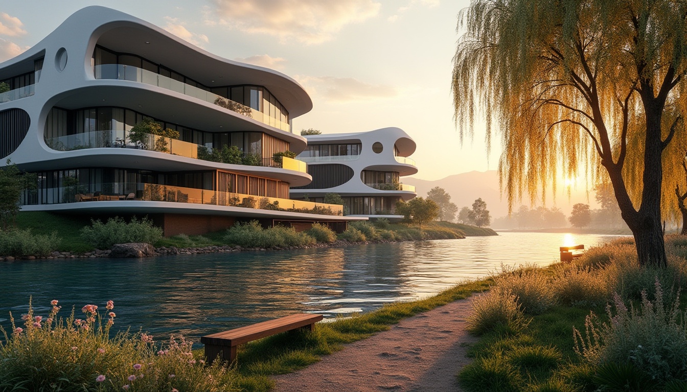 Prompt: Riverbank, modern architecture, innovative housing, structuralism style, futuristic concept, steel beams, glass facade, cantilevered balconies, irregular shapes, asymmetrical design, bold lines, geometric patterns, reflective surfaces, river views, sunset time, warm ambient lighting, soft ripples on water surface, weeping willows, blooming wildflowers, narrow dirt path, wooden benches, distant mountains, panoramic view, low-angle shot, cinematic composition.