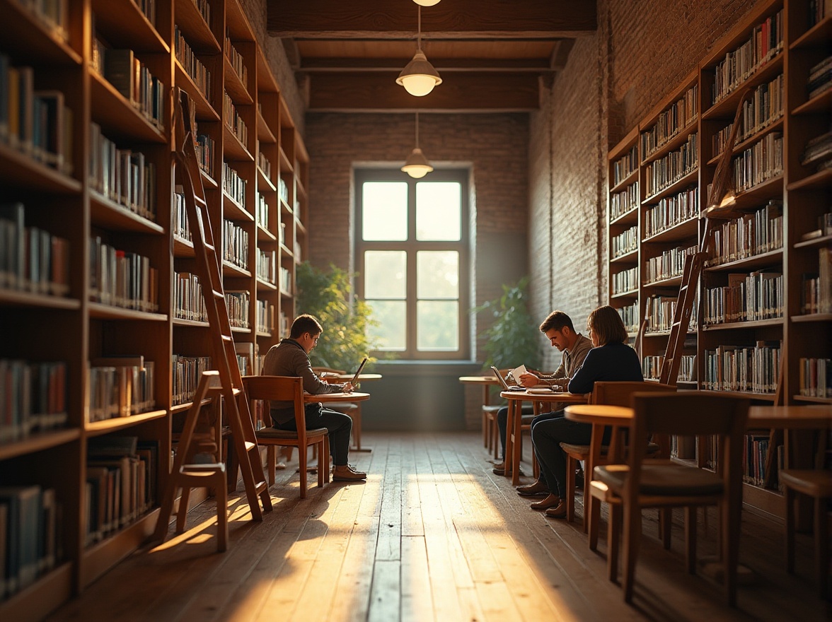 Prompt: Modern library, natural light, brick walls, rustic texture, earthy tone, wooden bookshelves, ladder leaning against shelves, comfortable reading nook, warm lighting, afternoon sunbeams, soft shadows, quiet atmosphere, people reading and studying, subtle facial expressions, gentle gestures, cozy ambiance, 3/4 composition, medium shot, warm color palette.