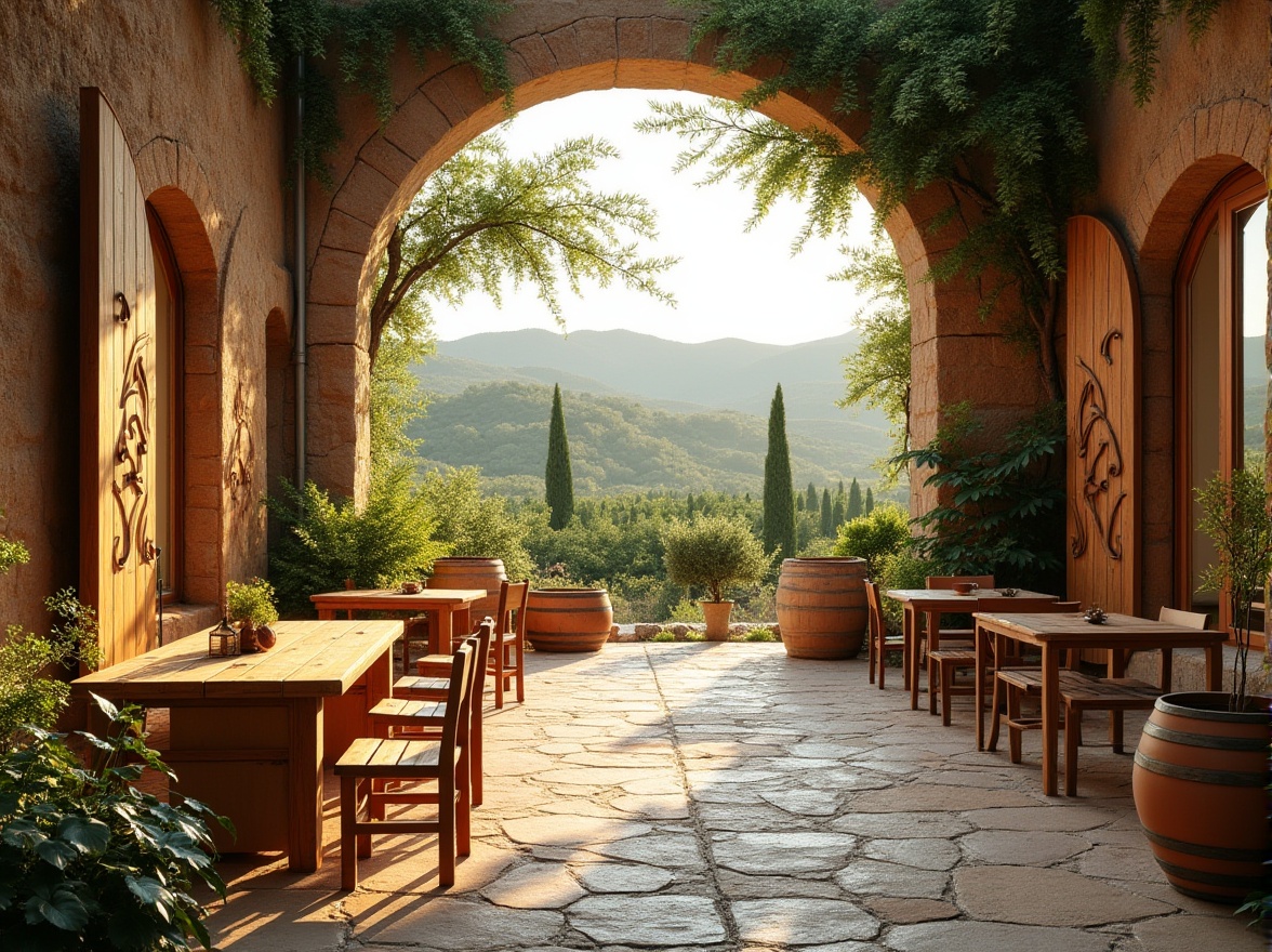 Prompt: Wineries, earthy tone, natural material, rammed earth walls, rustic wooden doors, large stone windows, green roof, vineyard view, sunny afternoon, warm lighting, Mediterranean climate, Tuscany hills, cypress trees, olive groves, wine barrels, grapevines, outdoor seating area, reclaimed wood furniture, earthenware planters, lush greenery, natural textures, earthy color palette, organic feel, eco-friendly architecture, sustainable design.