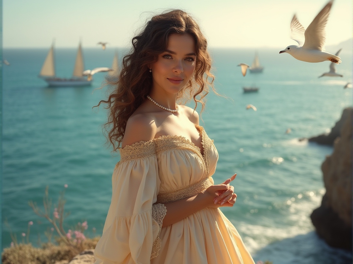 Prompt: Renaissance lady, elegant, refined, 25yo, curly brown hair, adorned with pearl necklace, gentle smile, soft makeup, slender waist, flowing silk dress, lace trim, golden embroidery, holding a parasol, standing on a seaside cliff, Mediterranean coast, blue ocean, sailboats in the distance, seagulls flying overhead, warm sunlight casting long shadows, 3/4 composition, soft focus, cinematic lighting, warm color tone, subtle texture.