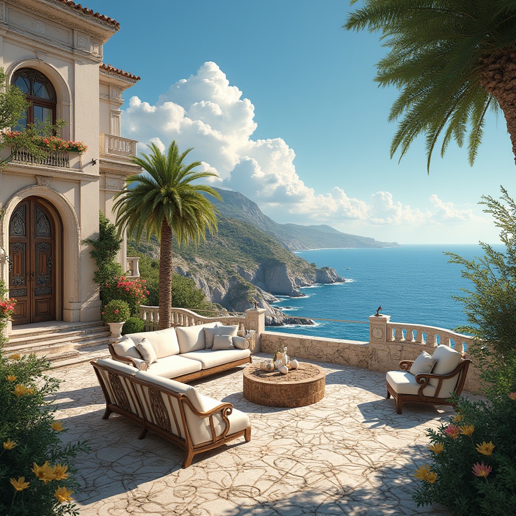 Prompt: Coastal villa, Romanesque style, Mediterranean sea, warm sunny day, blue sky with puffy white clouds, luxurious outdoor furniture, comfortable cushions, ornate iron gates, intricately carved wooden doors, arched windows, terracotta roof tiles, lush greenery, blooming flowers, palm trees, curved staircases, grand entrance, seashell decorations, soft ocean breeze, gentle lapping of waves, panoramic view, 3/4 composition, warm lighting, cinematic ambiance.