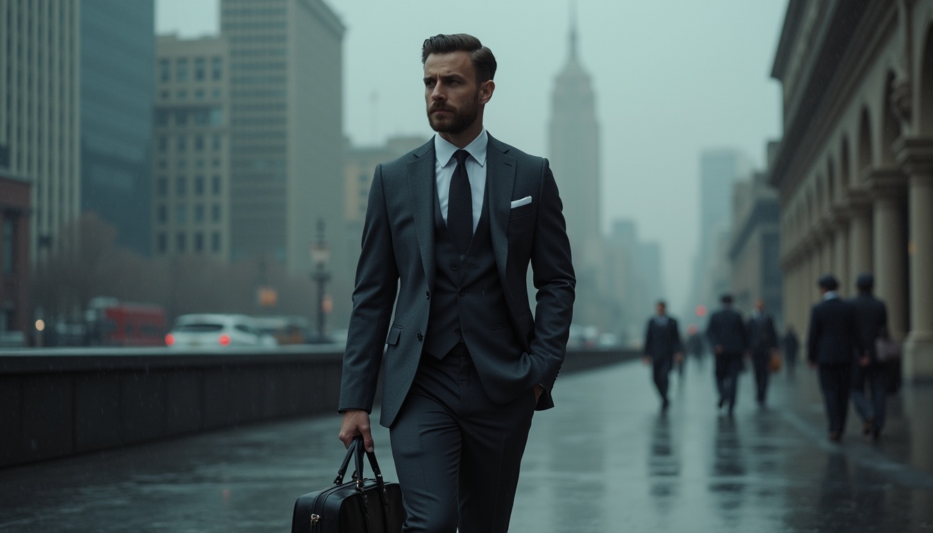 Prompt: Dark gray, timeless, classic, formal, luxurious, men's wear, two-piece suit, crisp white shirt, slim black tie, leather shoes, briefcase, urban background, cityscape, skyscraper, rainy day, foggy atmosphere, dramatic lighting, low-angle shot, cinematic composition.