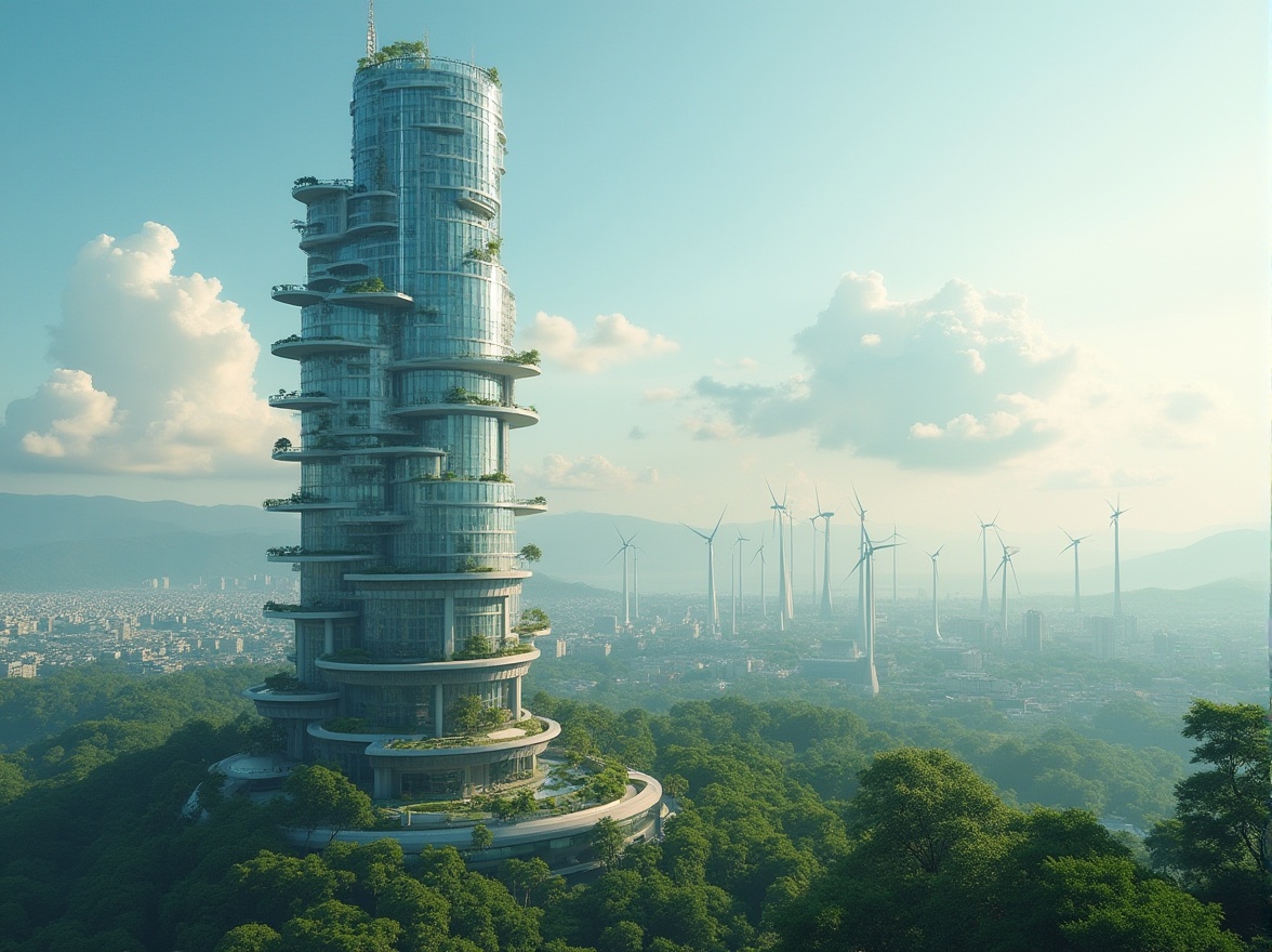 Prompt: Sustainable skyscraper, watching tower, modern architecture, green building, eco-friendly design, solar panels, wind turbines, recyclable materials, low-carbon emission, urban jungle, cityscape, blue sky, fluffy white clouds, distant mountains, panoramic view, 3/4 composition, soft natural lighting, warm afternoon ambiance, futuristic tone.