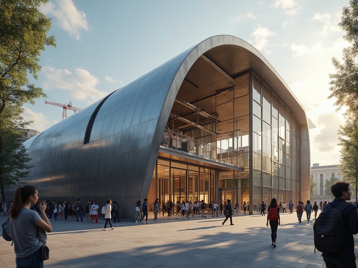 Prompt: Modern school building, galvanized steel structure, industrial chic, metallic texture, exposed pipes, minimalist decor, natural light pouring through large windows, sleek lines, curved roof, urban background, cityscape, busy streets, students walking, backpacks, casual clothing, energetic atmosphere, soft focus, shallow depth of field, warm tone, afternoon sunlight.