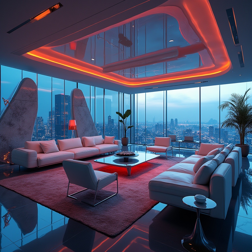 Prompt: Futuristic living room, high-tech style, sleek lines, metallic materials, LED lights, neon colors, abstract geometric patterns, minimalist decor, ergonomic furniture, smart home devices, transparent glass tables, chrome-plated legs, floor-to-ceiling windows, cityscape view, evening ambiance, warm glow of technology, sharp angles, bold color contrasts, modern art pieces, ambient lighting, 3/4 composition, shallow depth of field, futuristic atmosphere.