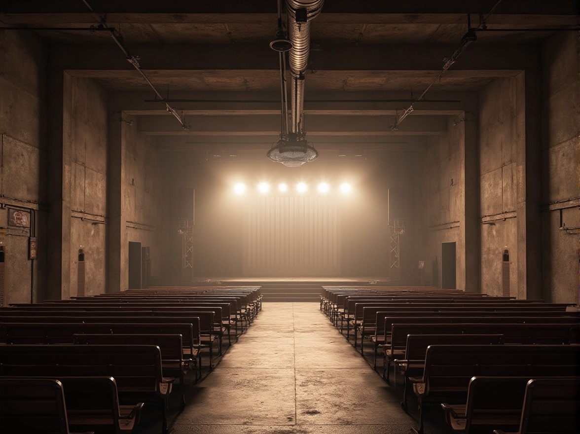 Prompt: Brutalist music venue, industrial ambiance, raw concrete walls, exposed ductwork, minimalist lighting, spotlights on stage, wooden benches, metal chairs, soundproofing materials, acoustic panels, diffusion patterns, reverberation control, 3/4 composition, low-angle shot, warm color tone, atmospheric mist, dramatic shadows, evening time, cityscape backdrop, urban landscape, abstract textures, brutalist architecture.