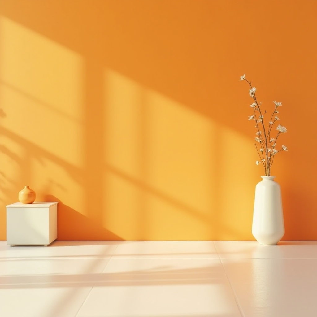 Prompt: Vibrant tangerine color, minimalist modern interior, solo decorative accent wall, empty space, natural light, creamy white furniture, low poly geometric shape, matte texture, sleek lines, Scandinavian style, Nordic atmosphere, warm and cozy ambiance, 3/4 composition, soft focus, pastel tone, artistic still life, abstract background.