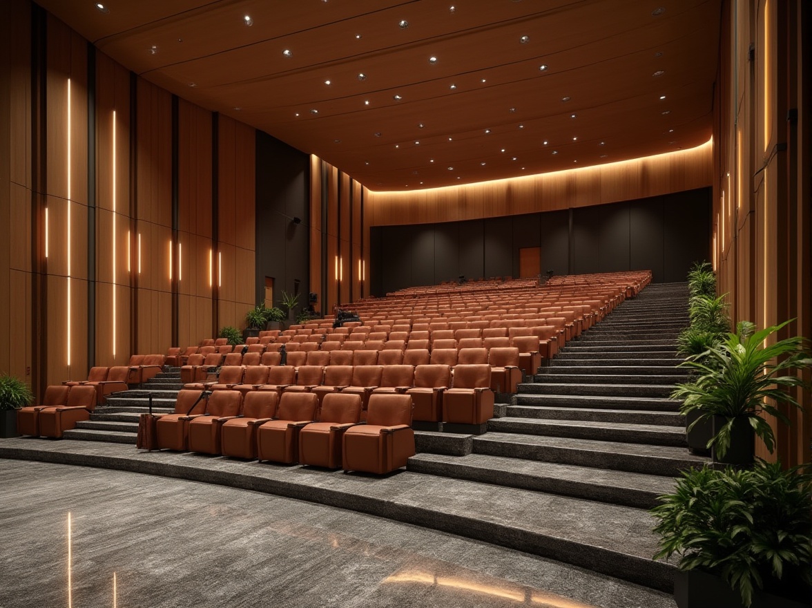 Prompt: Granite auditorium interior, luxurious seating area, rows of dark brown wooden chairs, granite flooring, polished to a high gloss, subtle grey patterns, columns wrapped with LED lights, indirect ambient lighting, warm beige walls, acoustic panels, minimalist modern decor, grand staircase with granite steps, lush greenery on the sidelines, spotlights shining down, panoramic view, 3/4 composition, softbox lighting, cinematic mood.