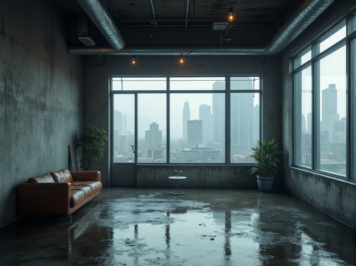 Prompt: Urban apartment brutalism, modern architectural style, concrete walls, exposed pipes, industrial windows, minimalist decor, low-key lighting, urban landscape, cityscape, skyscrapers, metropolitan atmosphere, rainy day, misty morning, cinematic composition, high-contrast tone, bold lines, raw textures, functional furniture, steel beams, cold tones, industrial chic.