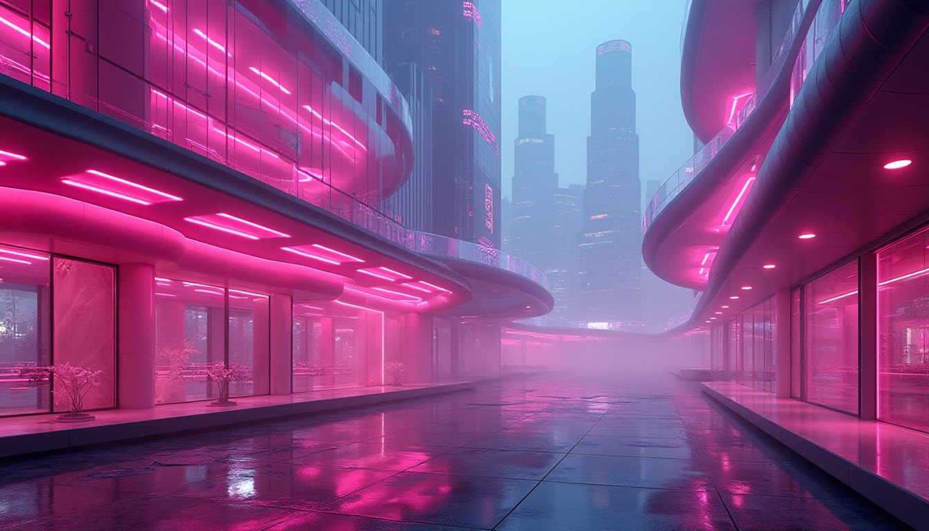 Prompt: Futuristic, abstract, fuchsia-colored polycarbonate structures, modern architecture, sleek lines, curved shapes, neon lights, glowing accents, metallic reflections, glass-like transparency, intricate details, urban cityscape, skyscraper background, nighttime atmosphere, misty fog, dramatic lighting, cinematic composition, low-angle shot, wide-angle lens.