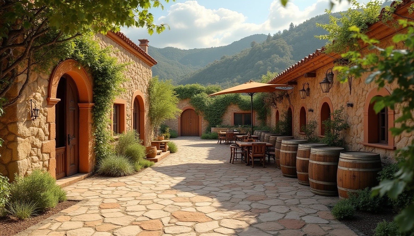 Prompt: Rustic winery, earthy tone, rammed earth material, natural texture, organic shape, curved lines, wooden accents, vines crawling up walls, lush greenery surrounding, rolling hills background, sunny day, warm lighting, soft shadows, Mediterranean style, outdoor seating area, wine barrels, grapevines, tranquil atmosphere, serene ambiance, 3/4 composition, slight blur effect.