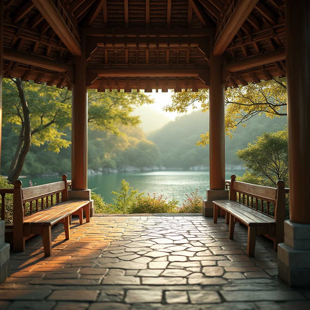 Prompt: Wooden pavilion, academic style, traditional architecture, intricate carvings, wooden columns, ornate ceiling, wooden benches, natural lighting, warm ambiance, peaceful atmosphere, surrounded by lush greenery, trees with dense foliage, vibrant flowers, winding stone paths, serene lake in the background, soft sunlight filtering through leaves, gentle water ripples, 3/4 composition, cinematic angle, realistic texture, natural material, depth of field, warm color tone.