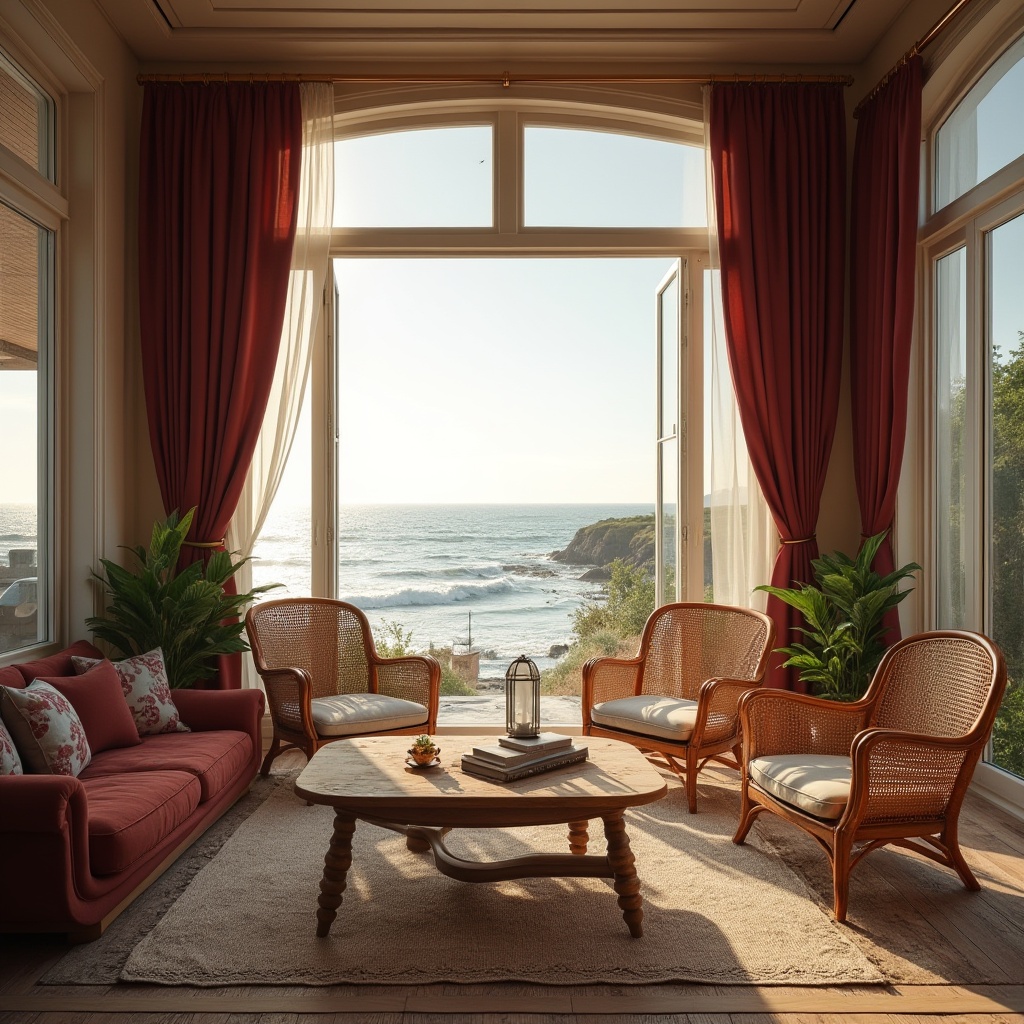 Prompt: Coastal scenery, warm burgundy accents, seaside villa, large windows, elegant curtains, luxurious interior, soft lighting, wooden floor, vintage furniture, woven wicker chairs, rustic coffee table, potted plants, beachy ambiance, sunny afternoon, gentle sea breeze, sound of waves, distant seagulls, natural texture, earthy tone, 3/4 composition, cinematic angle.