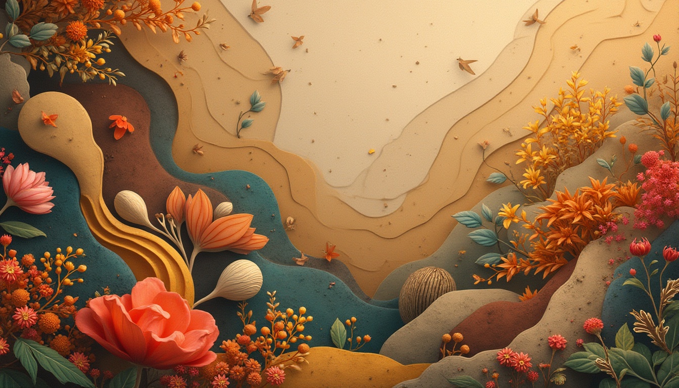 Prompt: Organic shapes inspired by nature, abstract artwork, intricate details, vibrant earthy tones, curved lines, smooth textures, blooming flowers, delicate petals, leaf veins, wooden accents, natural materials, earthy aroma, misty atmosphere, soft golden light, panoramic view, 3/4 composition, ambient occlusion, cinematic render.