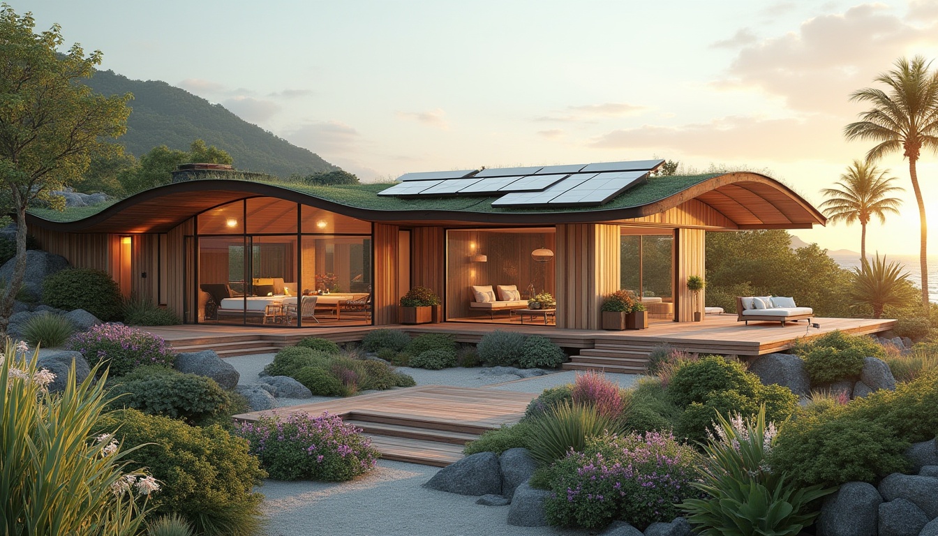 Prompt: Coastal architecture, sustainable building, eco-friendly design, beachside villa, modern minimalism, large windows, solar panels, recycled materials, green roof, wave-inspired façade, wooden decking, coastal plants, palm trees, beach flowers, ocean views, sunset lighting, serene atmosphere, 3/4 composition, soft focus, natural textures, warm colors, ambient light.