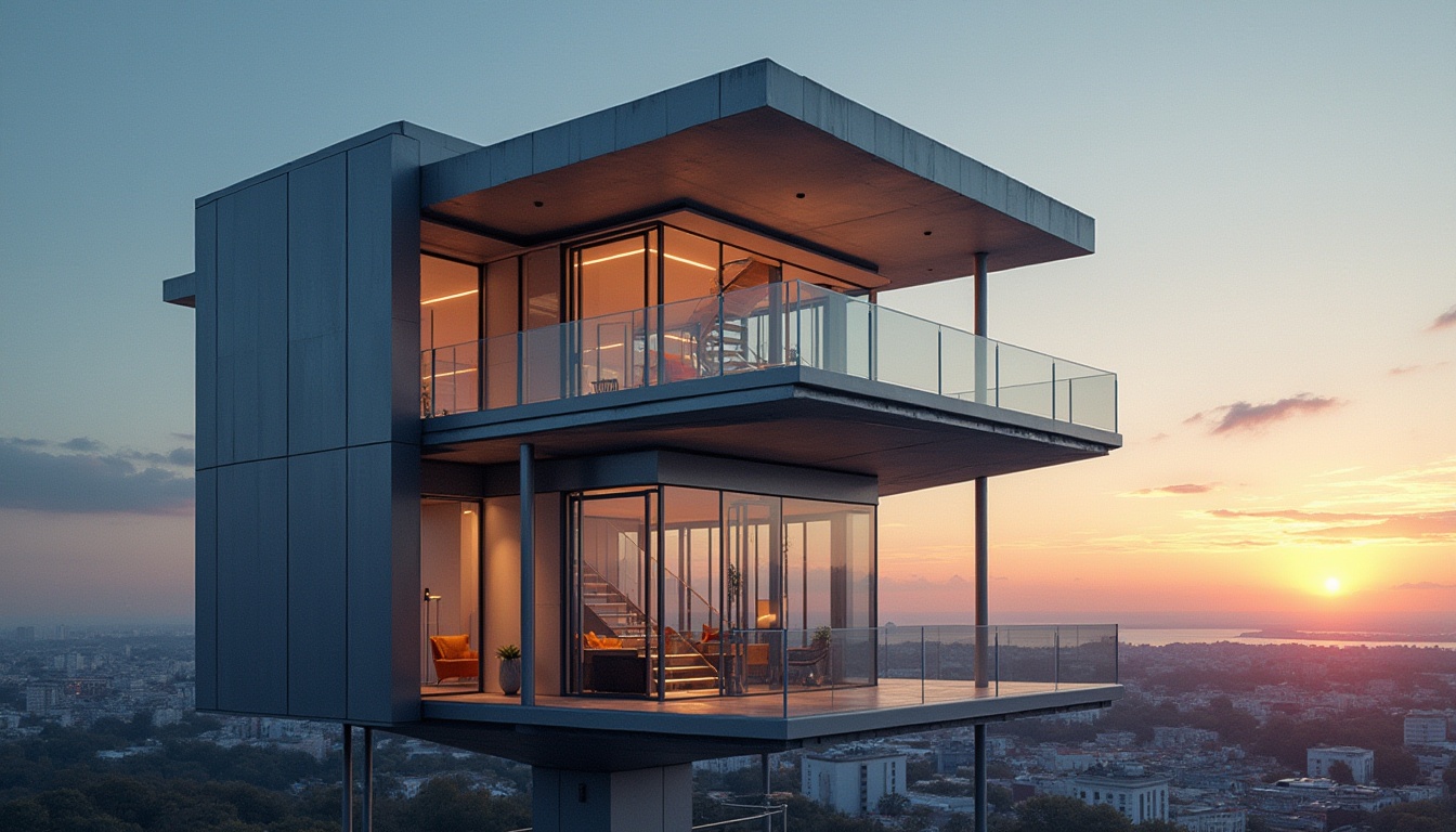 Prompt: Modern watching tower, steel-framed structure, sleek lines, silver metallic finish, reflective glass panels, angular roof, narrow windows, sturdy pillars, industrial chic, minimalist interior, concrete floors, metal stairs, urban landscape, cityscape, sunset view, low-angle shot, dramatic lighting, high contrast, cinematic composition.