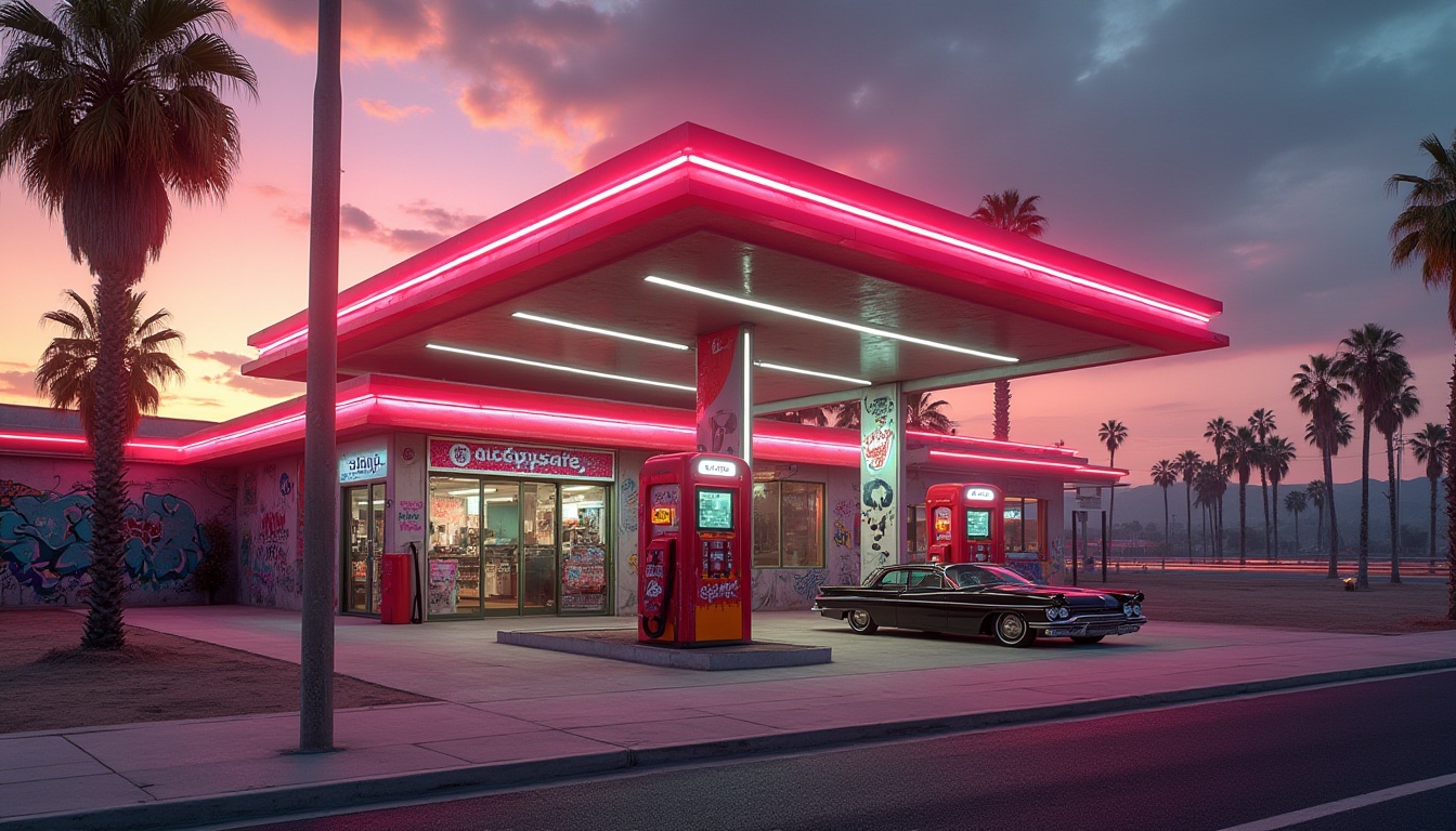 Prompt: Postmodern gas station, futuristic neon lights, retro-futuristic aesthetic, bold angular lines, bright primary colors, eclectic mix of materials (glass, steel, concrete), vibrant graffiti on walls, abandoned retro-style cars nearby, palm trees swaying gently, warm sunset lighting, dramatic high-contrast shadows, low-angle shot, cinematic composition, shallow depth of field, abstract shapes in the background.