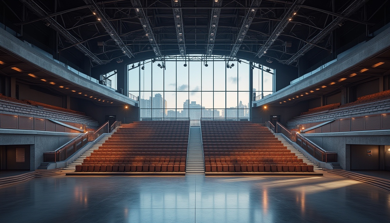 Prompt: Modern auditorium interior, steel framework structure, curved lines, sleek metallic finish, spotlights shining down, polished steel floor, minimalist seating arrangement, tiered seating, open space, cityscape views through glass walls, urban architecture, contemporary design, evening ambiance, warm soft lighting, high ceilings, steel beams, industrial chic aesthetic, functional simplicity.