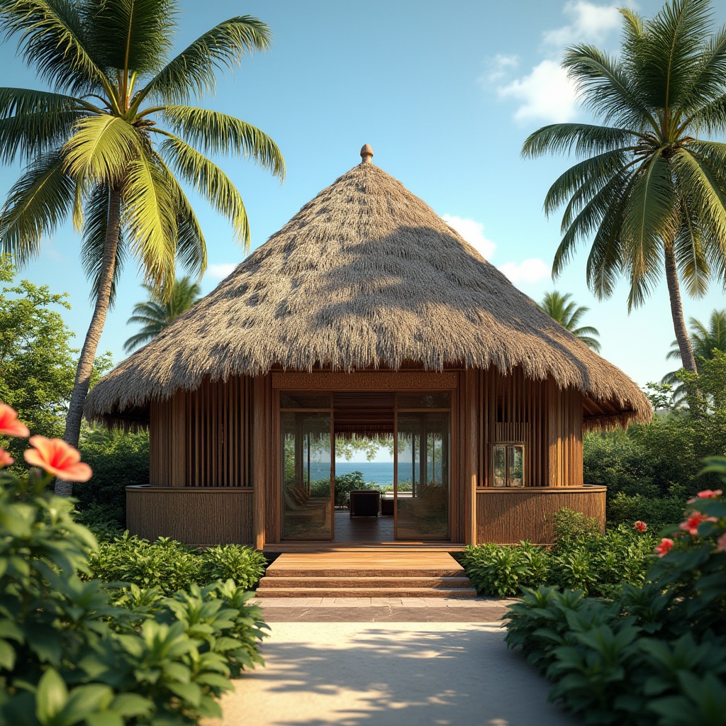 Prompt: Thatched roof, modern villa, luxurious, tropical, island, seaside, wooden structure, natural material, rustic texture, woven pattern, earthy tone, lush greenery, palm trees, hibiscus flowers, sunny day, clear blue sky, 3/4 composition, warm ambient lighting, shallow depth of field.