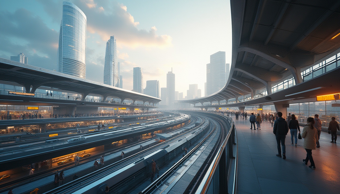 Prompt: Modern transportation hub, futuristic architecture, sleek lines, metallic materials, glass façade, angular structures, cantilevered roofs, geometric shapes, dynamic lighting, pedestrian walkways, escalators, train tracks, bus stations, taxi stands, cityscape background, urban atmosphere, busy commuters, rush hour, morning light, soft shadows, 3/4 composition, low-angle shot, cinematic mood, high-tech ambiance.