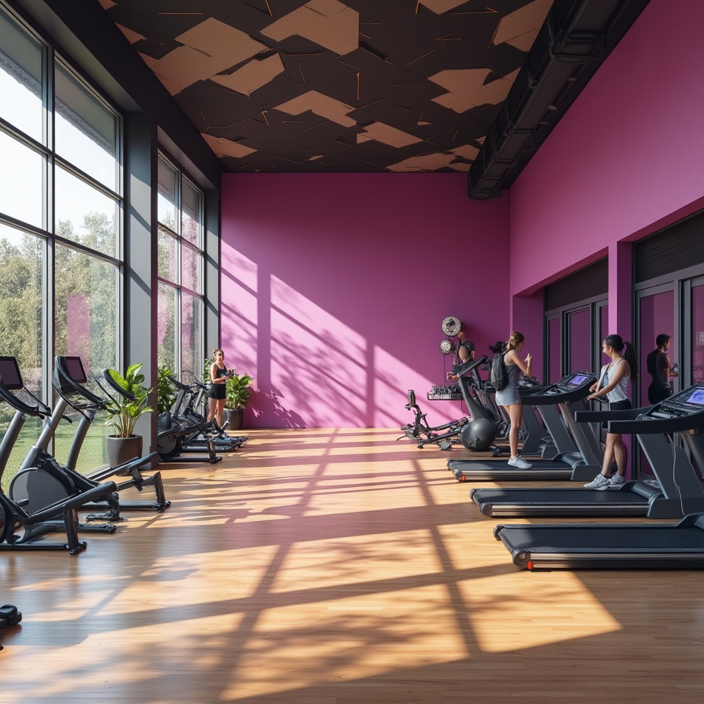 Prompt: Modern gymnasium interior, vibrant orchid color accent walls, contrast with dark grey sports equipment, natural light pouring in through large windows, polished wooden flooring, sleek metallic railings, athletic young adults exercising in background, few potted green plants, abstract modern art pieces, geometric patterns on ceiling, dynamic angular lines, softbox lighting, shallow depth of field, fitness atmosphere, 3/4 composition, warm and inviting ambiance.