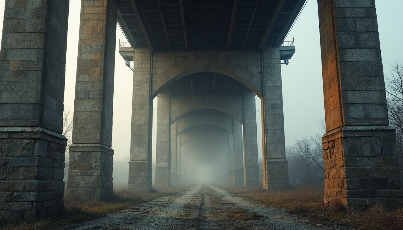 Prompt: granite, bridge, structure, arch, pillars, robust, natural texture, detailed stone pattern, weathered appearance, misty atmosphere, morning light, dramatic composition, low-angle shot, majestic architecture, industrial landscape, steel beams, rivets, urban scenery.