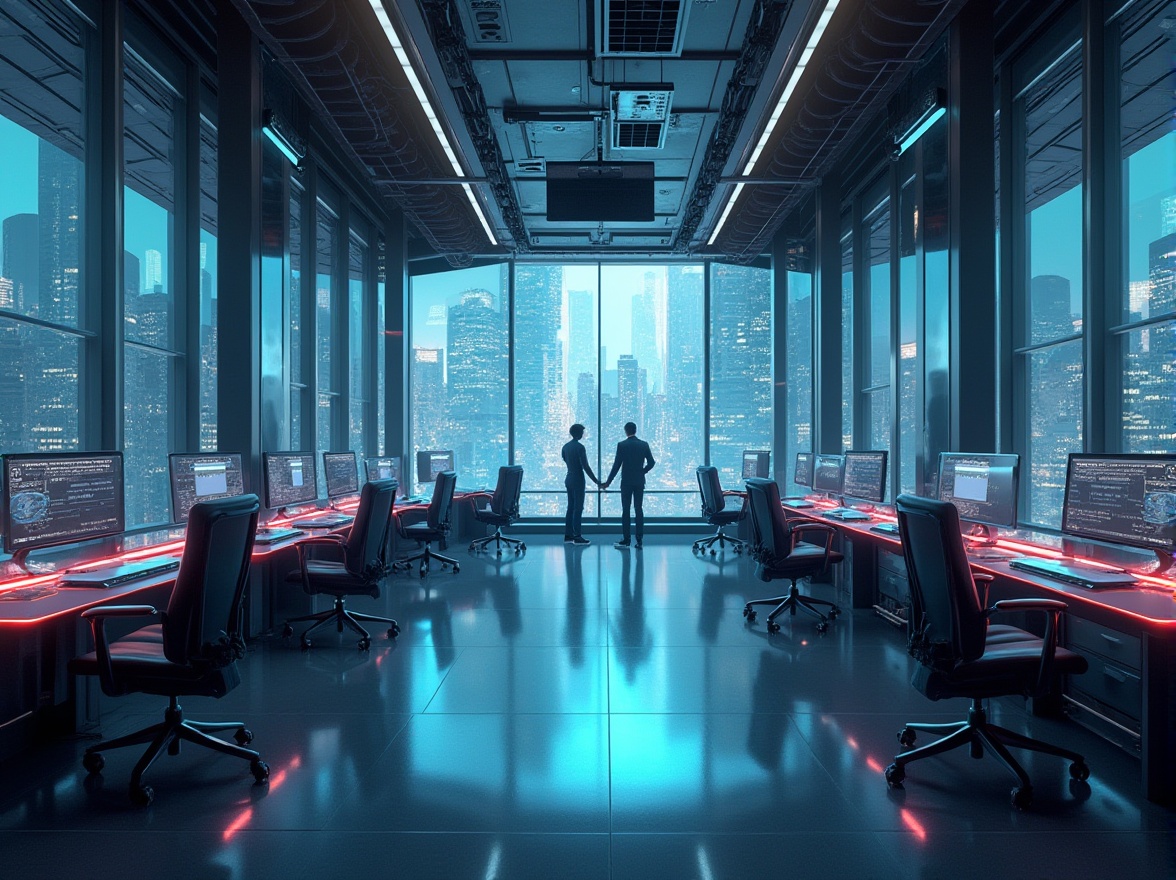 Prompt: Futuristic office building, high-tech style, sleek lines, metallic materials, neon lights, glass walls, steel beams, minimalist decor, modern furniture, ergonomic chairs, LED screens, holographic projections, virtual reality headset, robotic assistants, floor-to-ceiling windows, cityscape view, panoramic shot, 3/4 composition, low-angle lighting, cinematic mood, cyberpunk atmosphere, urban jungle backdrop.