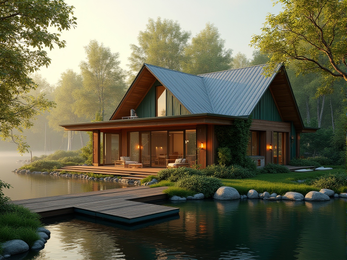 Prompt: Lakefront barn, green architecture, rustic wooden exterior, corrugated metal roof, overhanging eaves, large windows, sliding glass doors, surrounded by lush greenery, vines crawling up walls, natural stone foundation, water feature, small pond, fountain, outdoor seating area, wooden dock, sailboats, kayaks, lakeside path, sunset time, warm golden light, soft mist, peaceful atmosphere, 3/4 composition, cinematic lighting, shallow depth of field, rustic charm, eco-friendly design.