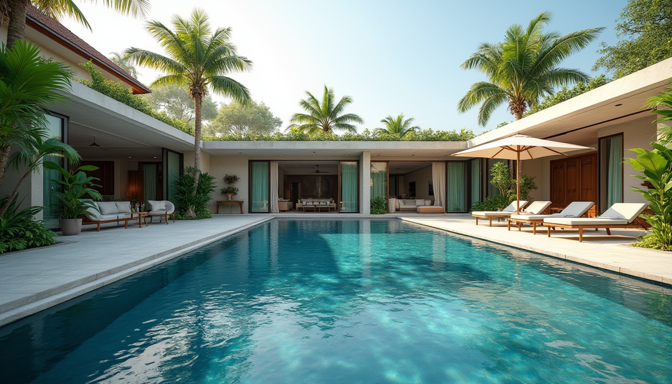 Prompt: Luxurious backyard, modern villa, private pool area, Chukum material, sleek design, rectangular pool shape, crystal clear water, gentle ripples, sun loungers, umbrella, outdoor furniture, tropical plants, palm trees, warm sunny day, soft lighting, shallow depth of field, 3/4 composition, realistic texture, high-end ambiance.