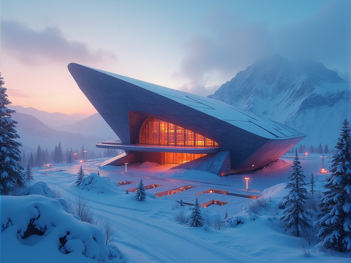 Prompt: Futuristic ski center, Expressionism style, angular irregular shape, bold vibrant colors, sharp geometric lines, dynamic curved roof, futuristic metallic materials, neon lights, icy snow-capped mountains, misty foggy atmosphere, dramatic sunset, low-angle shot, panoramic view, symmetrical composition, cold blue tone, abstract background, modernist architecture, avant-garde design, innovative structure.