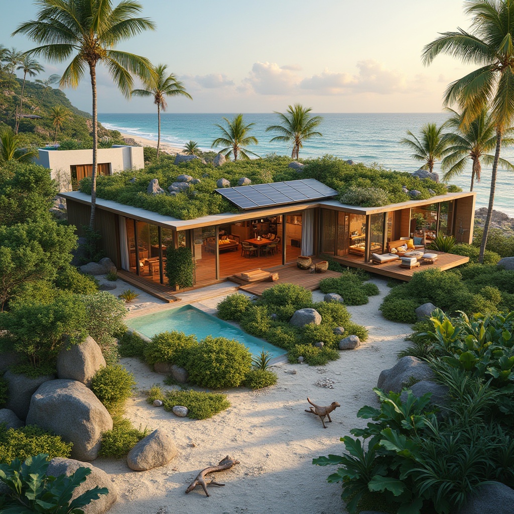 Prompt: Sustainable beach design, eco-friendly architecture, modern villa, coastal area, tropical plants, palm trees, recycled wood, solar panels, wind turbines, green roofs, rainwater harvesting system, composting toilet, organic garden, seashell pathways, driftwood furniture, ocean views, sunrise, soft warm lighting, 3/4 composition, shallow depth of field.