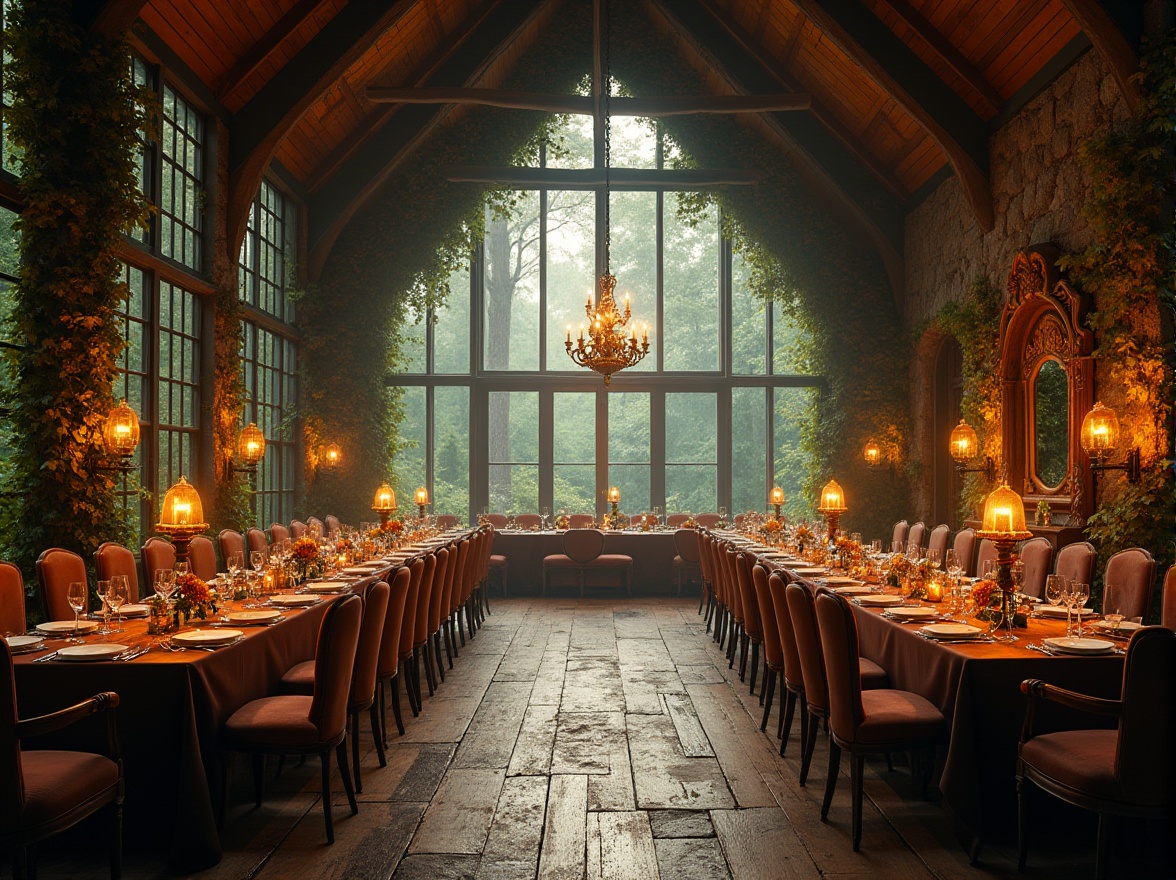 Prompt: Grand dining hall, forest-inspired ambiance, high ceiling, wooden beams, large windows, natural light pouring in, lush greenery, vines crawling up walls, tall trees surrounding, misty atmosphere, soft warm lighting, candle chandeliers, wooden tables, velvet chairs, elegant place settings, fine china, crystal glasses, wine bottles, ornate mirrors, rustic stone walls, earthy tones, moss-covered stones, forest floor texture, autumn colors, cozy atmosphere, intimate seating areas, 3/4 composition, warm color palette, soft focus, shallow depth of field.