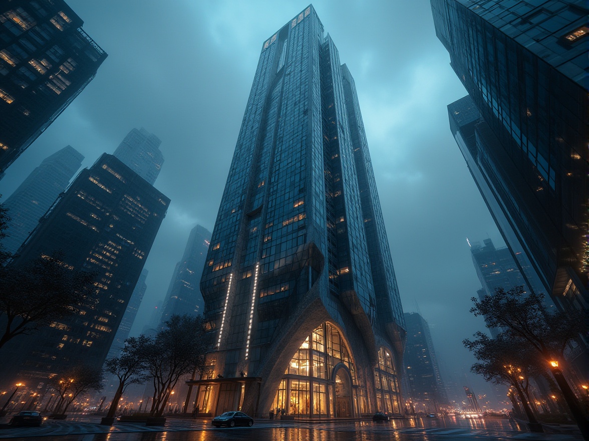 Prompt: Modern skyscraper, futuristic cityscape, sleek metallic exterior, geometric shapes, angular lines, reflective glass windows, towering height, urban jungle, city lights, night scene, dramatic clouds, cinematic composition, low-angle shot, symmetrical architecture, art deco patterns, luxurious entrance, marble floors, steel beams, intricate details, neon lights, misty atmosphere, rainy night, dark tones, moody ambiance, high-contrast lighting.