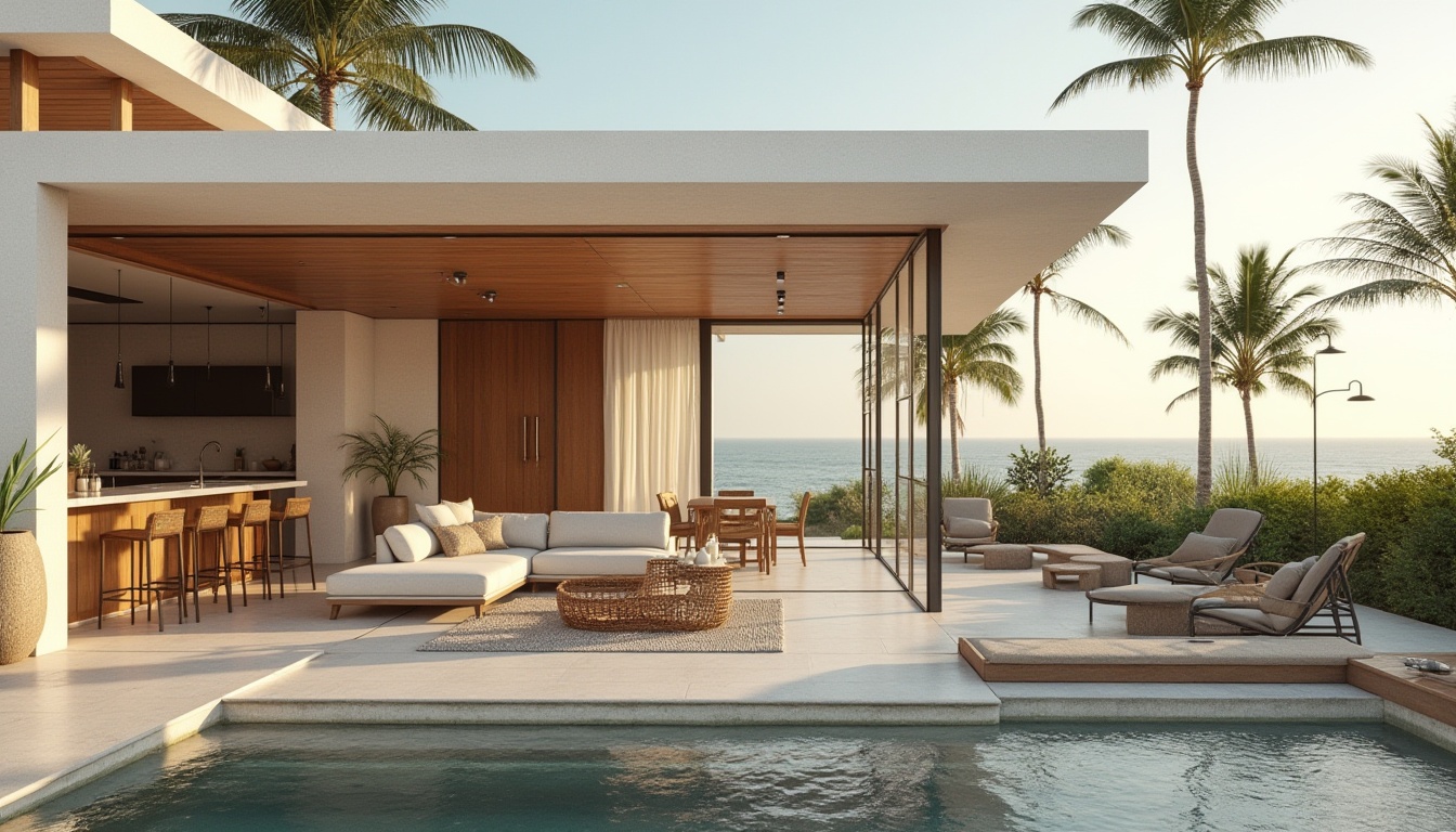 Prompt: Modern beach house, functional layouts, minimal decor, sleek lines, open floor plan, large windows, sliding glass doors, ocean views, natural light, airy atmosphere, white stucco exterior, flat roof, horizontal wooden slats, outdoor lounge area, sectional sofa, woven wicker chairs, coastal color palette, sandy beige walls, driftwood accents, polished concrete floors, industrial metal lighting fixtures, tropical plants, palm trees, beachy vibes, sunny day, soft focus, warm ambient light, 3/4 composition, shallow depth of field.