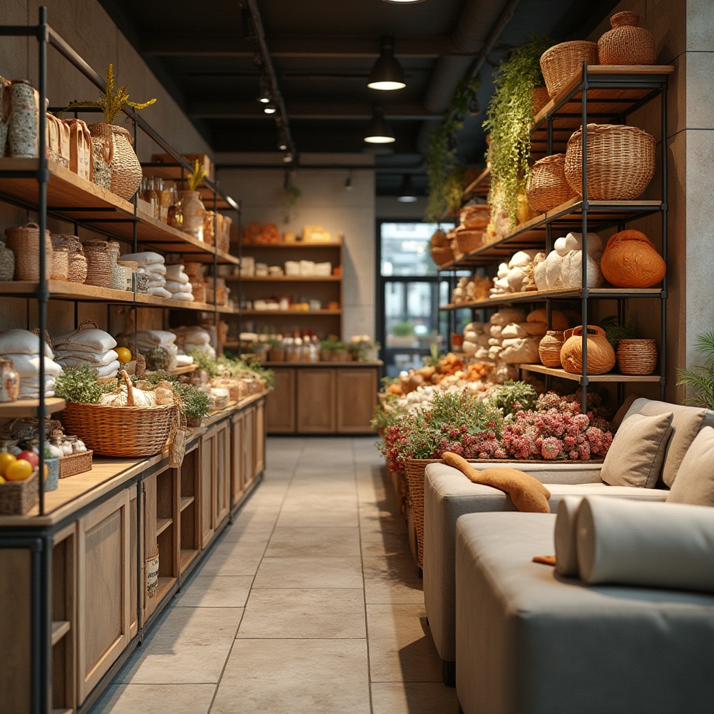 Prompt: Grocery store interior, modern design, various fabrics materials, colorful woven baskets, wooden shelves with metal frames, glass containers on tables, cotton cloth drapes, linen tablecloths, velvet couches, suede pillows, natural stone floor, ceramic tile walls, soft warm lighting, 3/4 composition, shallow depth of field, realistic rendering.