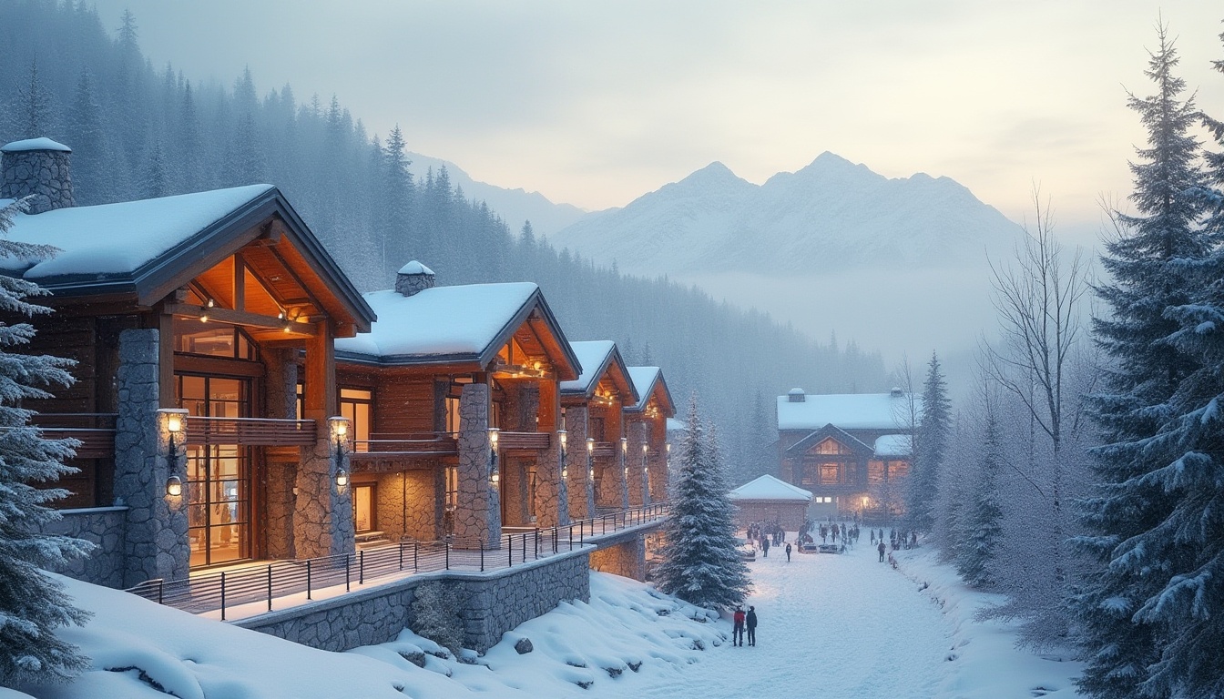 Prompt: Mountain ski center, khaki color palette, modern architecture, wooden accents, snow-capped roofs, large glass windows, steel beams, rustic stone walls, warm lighting, cozy atmosphere, ski lifts, snowflakes gently falling, evergreen trees, foggy mountains in background, panoramic view, 3/4 composition, soft focus on foreground, shallow depth of field.