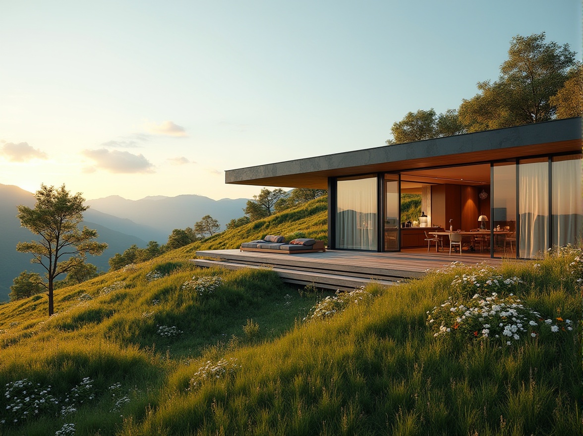 Prompt: Modern villa, integrating architecture with natural meadows, lush green grass, colorful wildflowers blooming, gentle slope, wooden deck, floor-to-ceiling windows, sliding glass doors, minimalist interior design, warm lighting, cozy atmosphere, scenic views of surrounding hills, distant trees swaying gently in the breeze, serene landscape, 3/4 composition, panoramic view, soft natural light, cinematic mood, afternoon sun, peaceful ambiance.