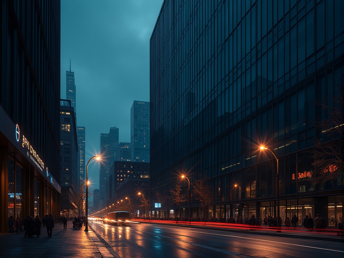 Prompt: Urban skyscraper, black glass curtain wall, sleek metallic frame, modern minimalist design, dark tinted windows, nighttime cityscape, neon lights reflection, bustling streets, pedestrian traffic, street lamps casting long shadows, dramatic low-angle shot, cinematic composition, high contrast, moody ambient lighting, metropolitan atmosphere.