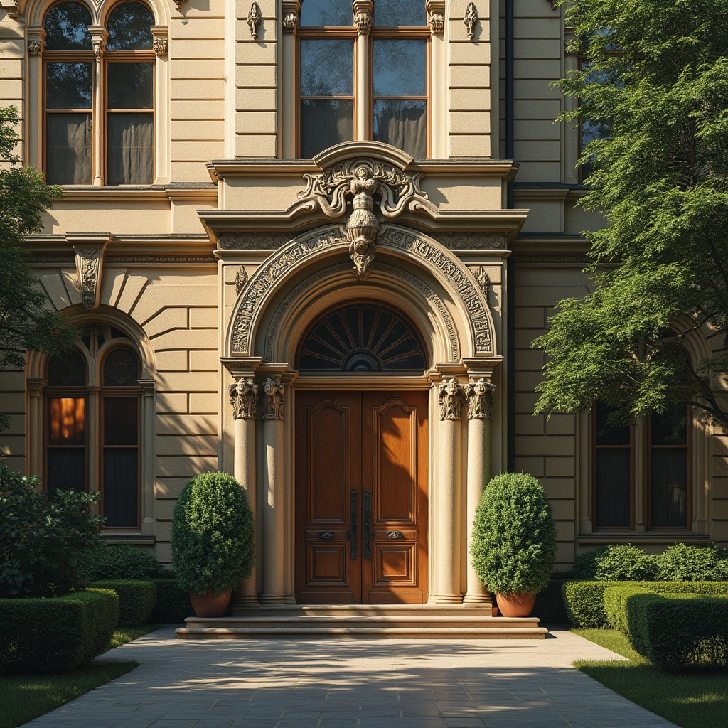 Prompt: Classic school building, bronze accents, ornate door handles, intricate bronze reliefs, grand entrance, stone walls, arched windows, symmetrical facade, mature trees, lush greenery, sunny afternoon, warm light, shallow depth of field, 3/4 composition, soft shadows, realistic texture, detailed bronze material, subtle wear and tear, historic ambiance, cinematic lighting.