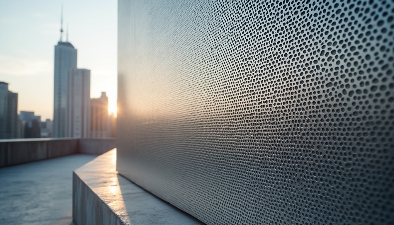 Prompt: Perforated metal design element, modern architecture, abstract composition, silver-gray tone, intricate patterns, laser-cut details, industrial texture, mesh structure, minimalist aesthetic, urban cityscape, skyscraper background, afternoon sunlight, low-angle shot, dramatic shadows, high-contrast lighting.