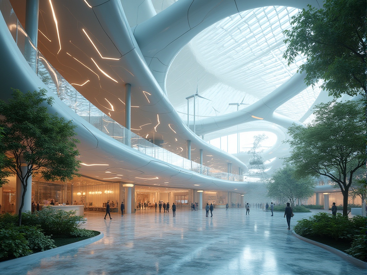 Prompt: Modern science center, futuristic architecture, fiberglass materials, sleek curves, translucent panels, iridescent colors, LED lighting, geometric patterns, minimalist decor, open atrium, cantilevered roofs, solar panels, wind turbines, lush greenery, natural light pouring in, 3/4 composition, low-angle shot, soft focus, cinematic ambiance.