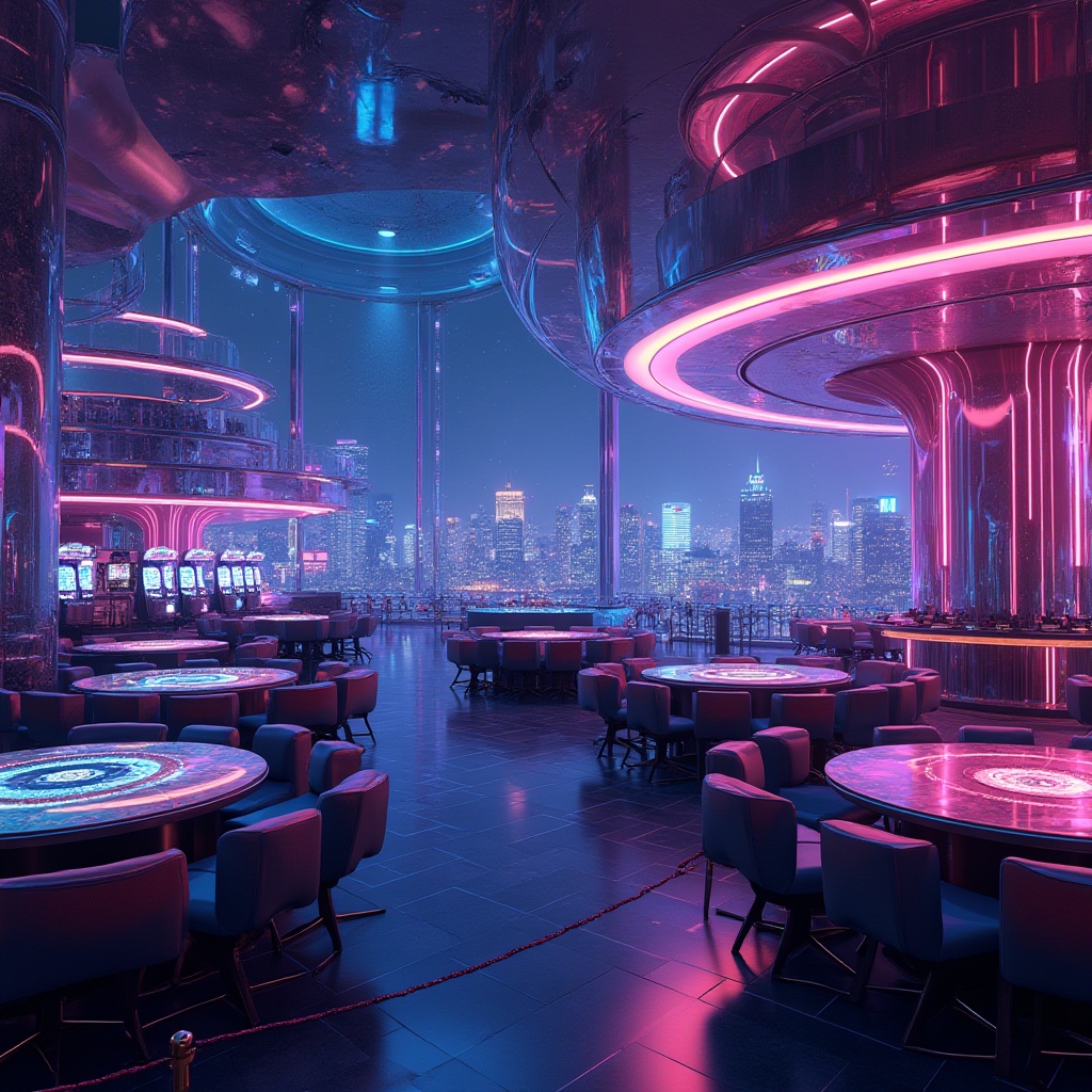 Prompt: Neon-lit casino interior, high-tech futuristic ambiance, innovative uses of plasticrete, glossy reflective surfaces, LED lights embedded in walls and ceiling, metallic accents, sleek lines, circular pillars, translucent floors, holographic projections, futuristic slot machines, 3D-printed chandeliers, iridescent glass tables, velvet ropes, VIP lounge area, panoramic cityscape view, night sky with stars, misty atmosphere, cinematic lighting, shallow depth of field.