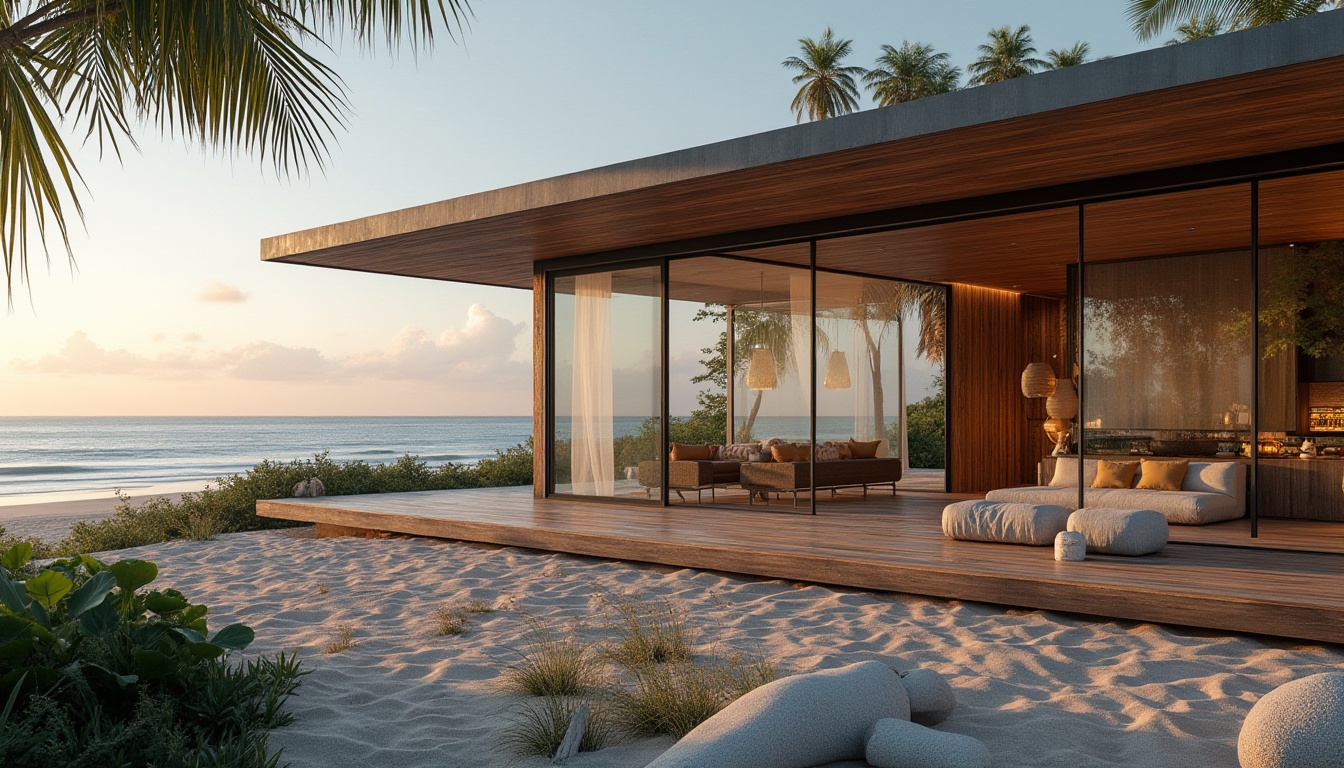 Prompt: Beach modernism, galvanized steel structure, minimalist villa, sleek lines, rectangular shape, large windows, sliding glass doors, ocean view, sandy beach, tropical plants, palm trees, driftwood furniture, nautical rope decorations, weathered wood accents, corrugated metal roofing, industrial chic lighting, rustic concrete floors, airy interior, open-plan living area, panoramic views of the coastline, dawn/dusk warm lighting, cinematic composition.