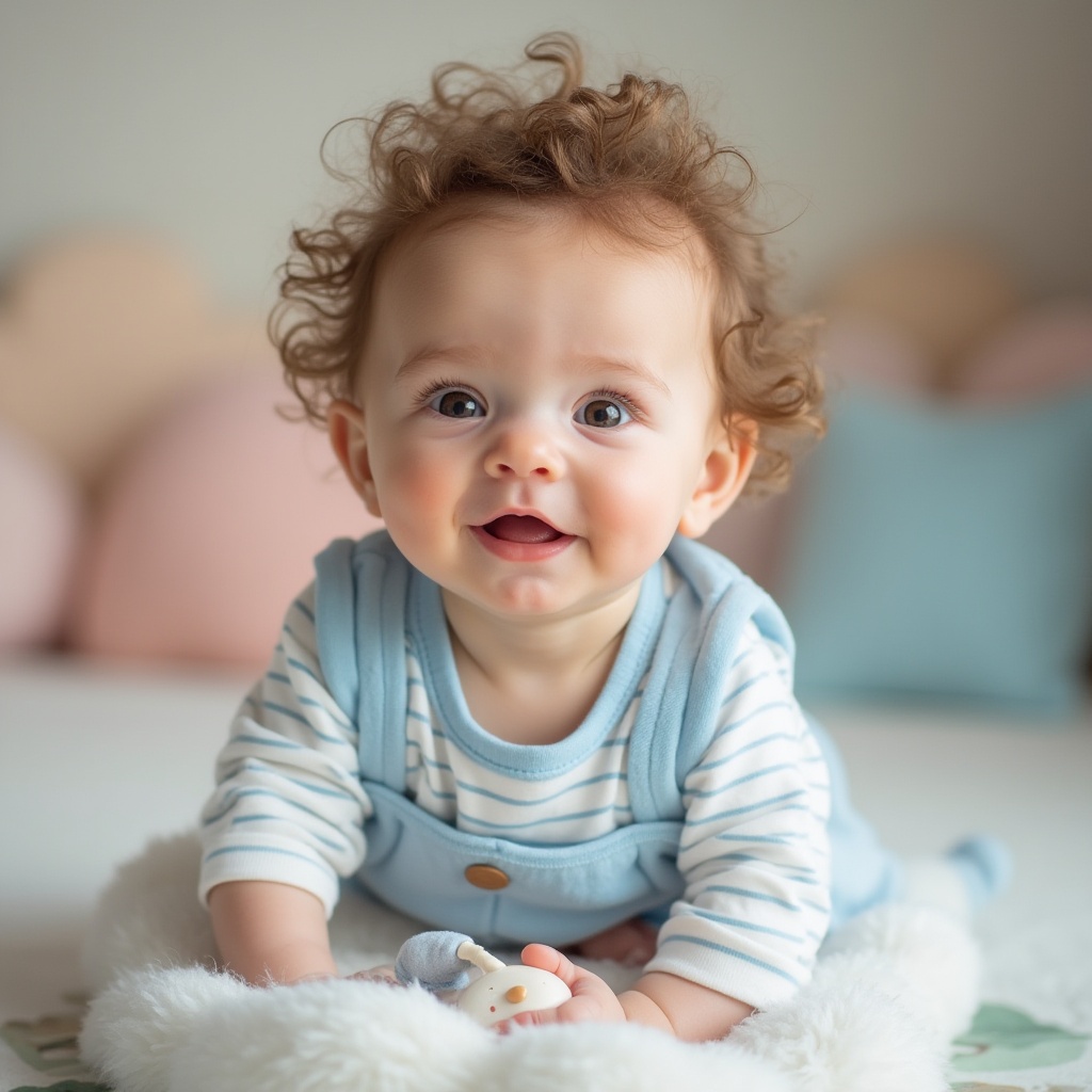 Prompt: Trendy baby, blue outfit, cute facial expression, rosy cheeks, soft curly hair, bright big eyes, white onesie with blue stripes, tiny hands holding a toy, sitting on a fluffy cloud-shaped cushion, pastel-colored nursery background, soft focus, warm lighting, shallow depth of field, 3/4 composition, adorable atmosphere.