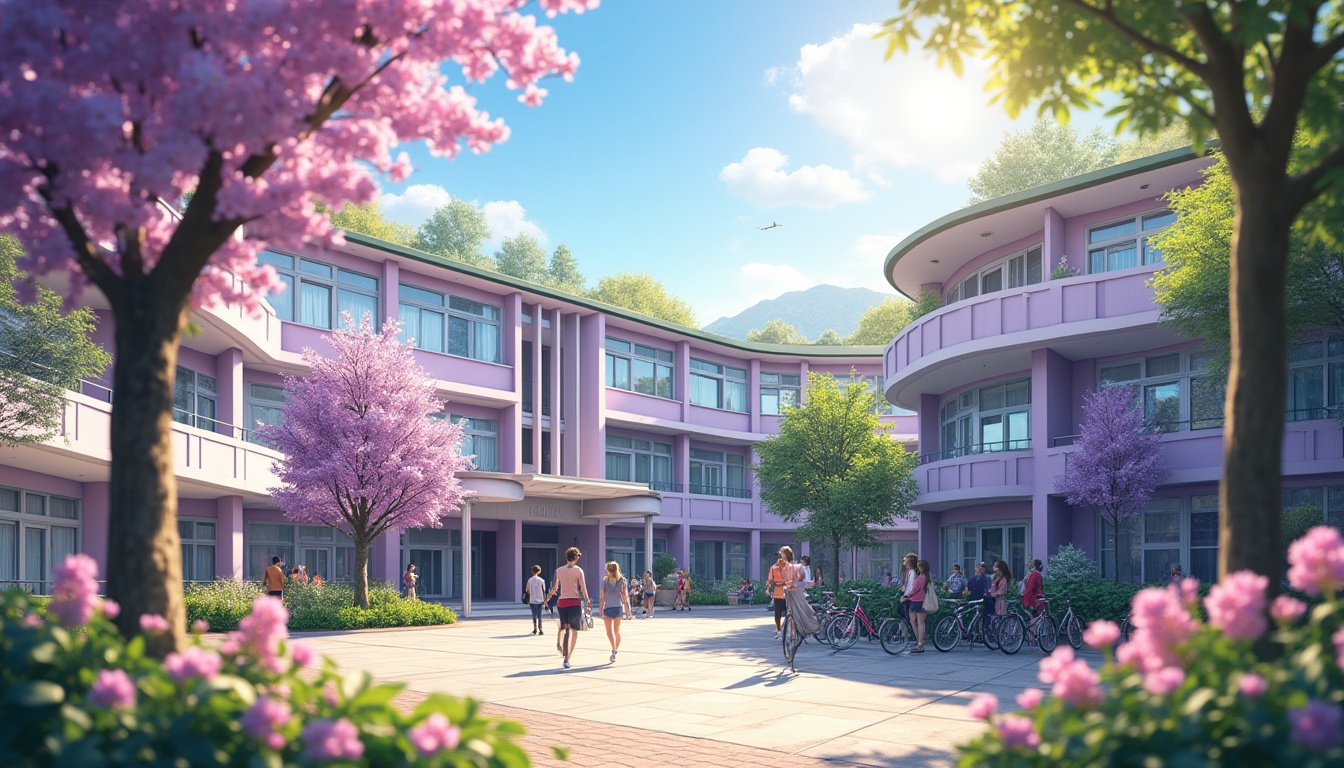 Prompt: Lilac-colored school building, modern architecture, curved lines, large windows, lilac-painted walls, white trim, green roof, lush greenery, blooming lilac flowers, tree-lined courtyard, students chatting, laughing, walking, bicycles parked, sunny afternoon, warm lighting, shallow depth of field, vibrant colors, playful atmosphere, educational environment, lively corridors, lockers, classrooms, soft focus background.