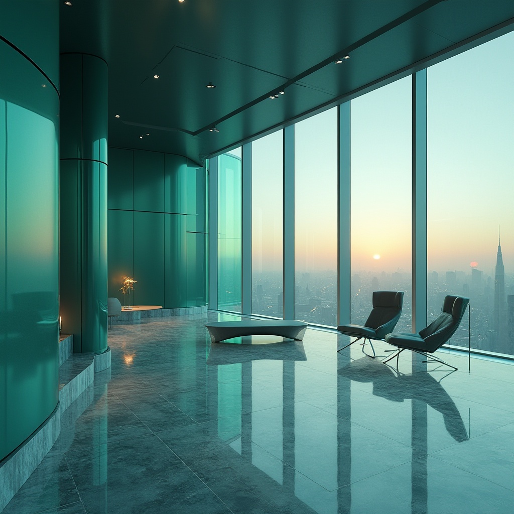 Prompt: Teal colored, modern futuristic interior design, minimalist style, sleek lines, luxurious ambiance, teal accent wall, marble flooring, high ceilings, floor-to-ceiling windows, cityscape view, metropolitan skyscraper, 3/4 composition, dramatic lighting, shallow depth of field, cinematic atmosphere, warm and cool mixed tones.