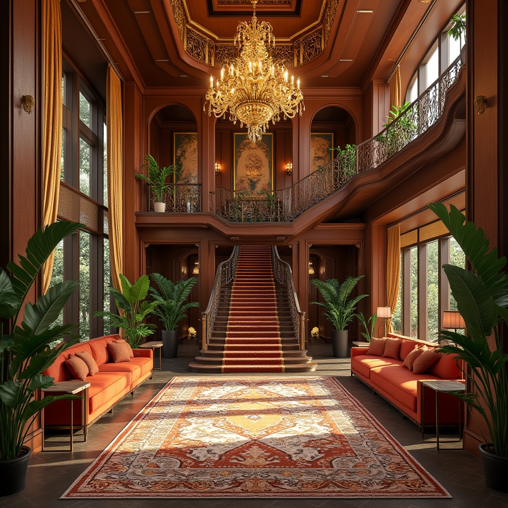 Prompt: Luxury hotel lobby, grand staircase, eclectic design elements, vibrant colors, bold patterns, modern chandelier, lavish furniture, intricately carved wooden accents, plush area rugs, exotic plants, warm ambiance, soft golden lighting, 3/4 composition, shallow depth of field, cinematic mood, hospitality atmosphere.